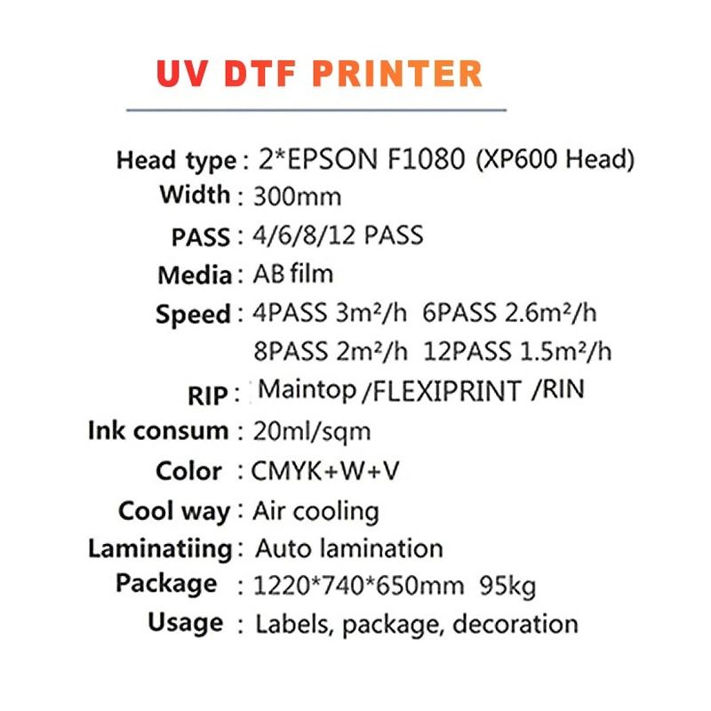 Impressora DTF UV de largura de 300 mm com consumo de tinta de 20 ml/m2 para impressão de grande volume